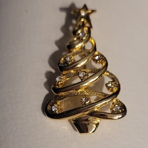 Vintage Christmas Tree Brooch of Gilt and White Rhinestone
